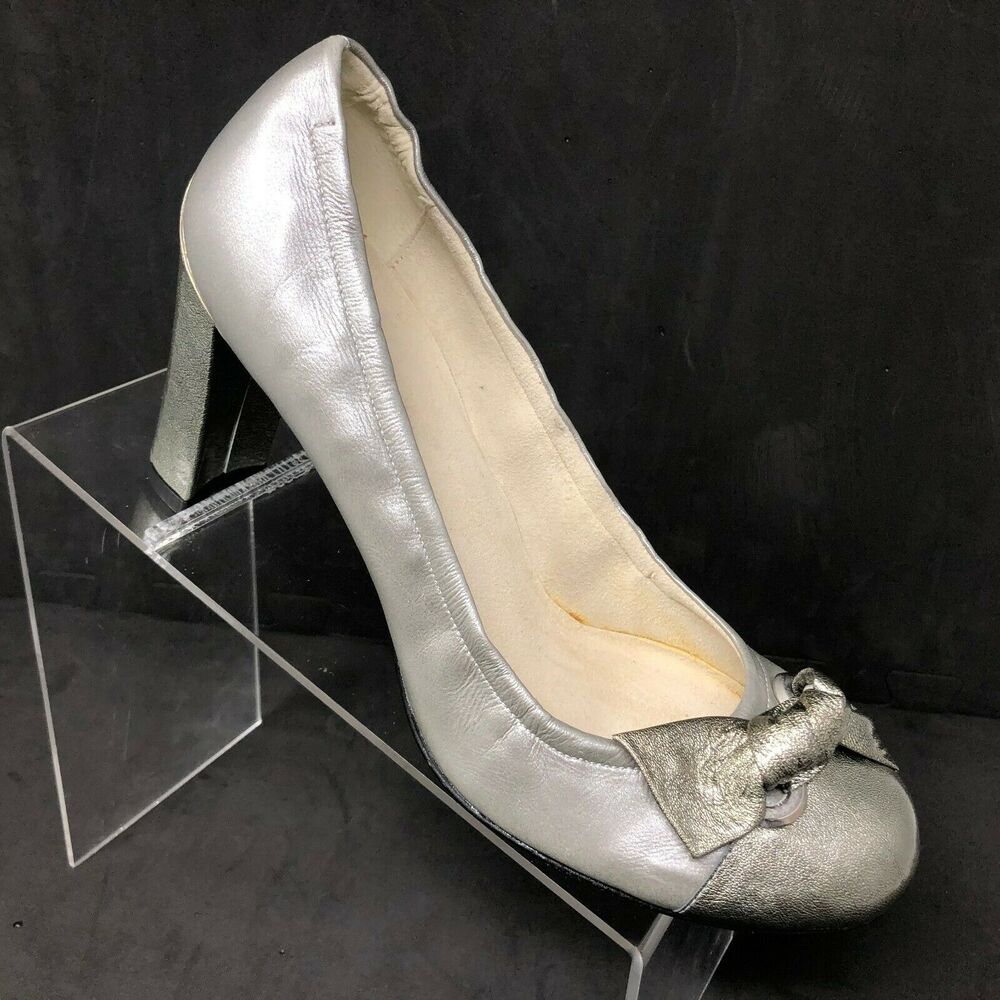 Silver Bow-Accent Women's Block Heel Pump
